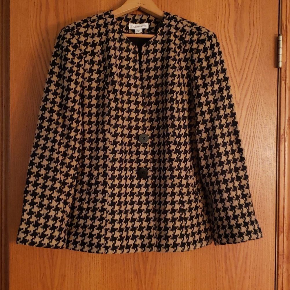EUC Coldwater Creek Front Button Houndstooth Blazer Jacket Tan / Black Sz 14